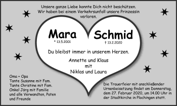 Traueranzeige von Mara Schmid von Eßlinger Zeitung/Cannstatter Zeitung