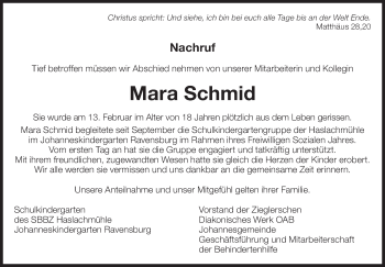 Traueranzeige von Mara Schmid von Eßlinger Zeitung/Cannstatter Zeitung