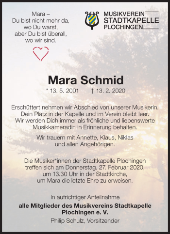Traueranzeige von Mara Schmid von Eßlinger Zeitung/Cannstatter Zeitung