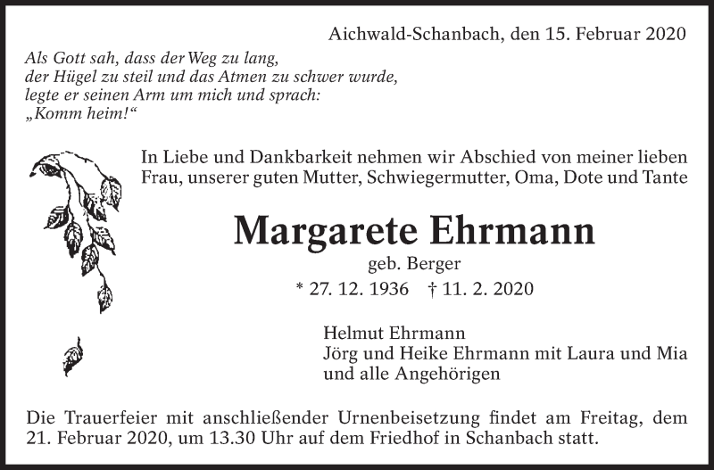  Traueranzeige für Margarete Ehrmann vom 15.02.2020 aus Eßlinger Zeitung/Cannstatter Zeitung
