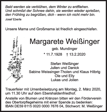 Traueranzeige von Margarete Weißinger von Eßlinger Zeitung/Cannstatter Zeitung
