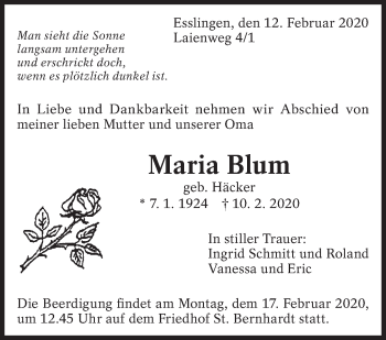 Traueranzeige von Maria Blum von Eßlinger Zeitung/Cannstatter Zeitung