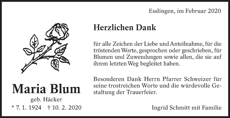  Traueranzeige für Maria Blum vom 28.02.2020 aus Eßlinger Zeitung/Cannstatter Zeitung
