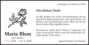 Traueranzeige von Maria Blum von Eßlinger Zeitung/Cannstatter Zeitung