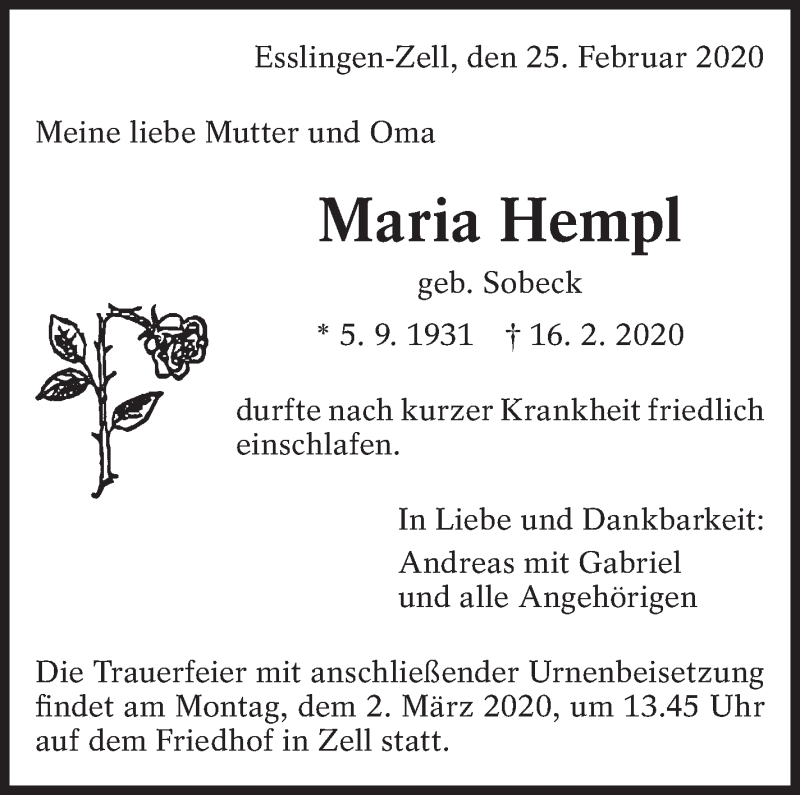  Traueranzeige für Maria Hempl vom 25.02.2020 aus Eßlinger Zeitung/Cannstatter Zeitung