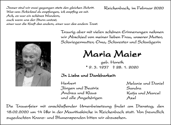 Traueranzeige von Maria Maier von Eßlinger Zeitung/Cannstatter Zeitung