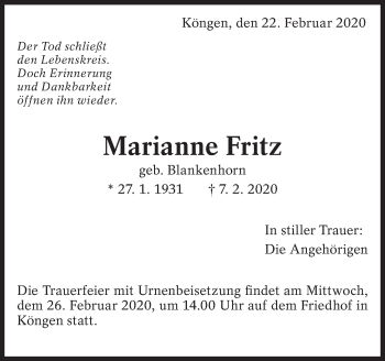 Traueranzeige von Marianne Fritz von Eßlinger Zeitung/Cannstatter Zeitung