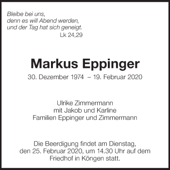 Traueranzeige von Markus Eppinger von Eßlinger Zeitung/Cannstatter Zeitung