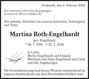 Traueranzeige von Martina Roth-Engelhardt von Eßlinger Zeitung/Cannstatter Zeitung