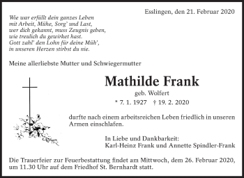 Traueranzeige von Mathilde Frank von Eßlinger Zeitung/Cannstatter Zeitung