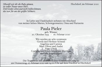 Traueranzeige von Paula Pieler von Eßlinger Zeitung/Cannstatter Zeitung