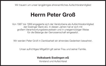 Traueranzeige von Peter Groß von Eßlinger Zeitung/Cannstatter Zeitung