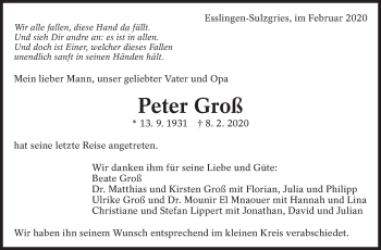 Traueranzeige von Peter Groß von Eßlinger Zeitung/Cannstatter Zeitung