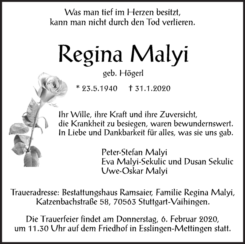  Traueranzeige für Regina Malyi vom 04.02.2020 aus Eßlinger Zeitung/Cannstatter Zeitung