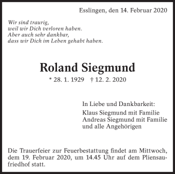 Traueranzeige von Roland Siegmund von Eßlinger Zeitung/Cannstatter Zeitung