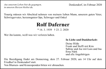 Traueranzeige von Rolf Daferner von Eßlinger Zeitung/Cannstatter Zeitung