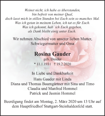 Traueranzeige von Rosina Gauder von Eßlinger Zeitung/Cannstatter Zeitung