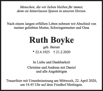 Traueranzeige von Ruth Boyke von Eßlinger Zeitung/Cannstatter Zeitung