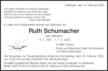 Traueranzeige von Ruth Schumacher von Eßlinger Zeitung/Cannstatter Zeitung