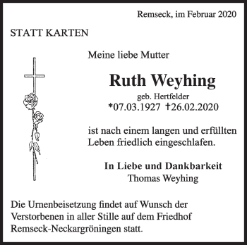 Traueranzeige von Ruth Weyhing von Eßlinger Zeitung/Cannstatter Zeitung
