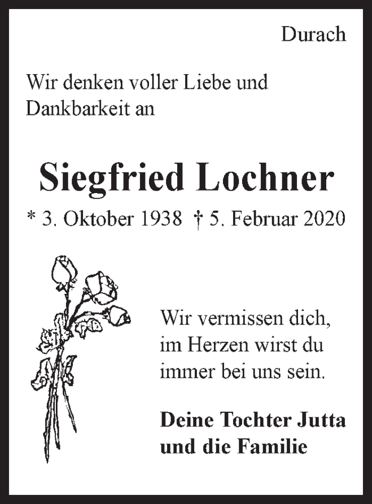  Traueranzeige für Siegfried Lochner vom 15.02.2020 aus Eßlinger Zeitung/Cannstatter Zeitung