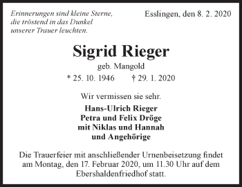 Traueranzeige von Sigrid Rieger von Eßlinger Zeitung/Cannstatter Zeitung