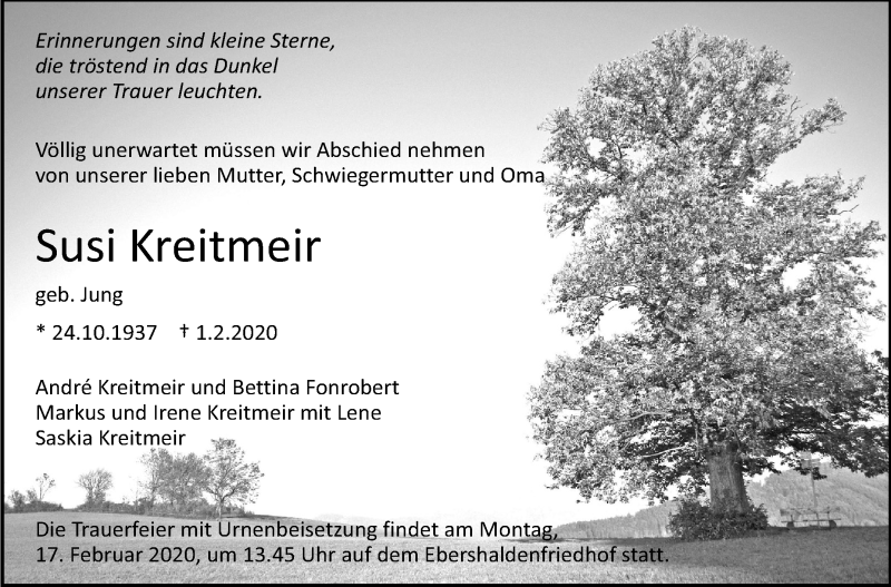  Traueranzeige für Susi Kreitmeir vom 08.02.2020 aus Eßlinger Zeitung/Cannstatter Zeitung