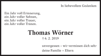 Traueranzeige von Thomas Wörner von Eßlinger Zeitung/Cannstatter Zeitung