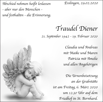 Traueranzeige von Traudel Diener von Eßlinger Zeitung/Cannstatter Zeitung