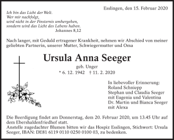 Traueranzeige von Ursula Anna Seeger von Eßlinger Zeitung/Cannstatter Zeitung