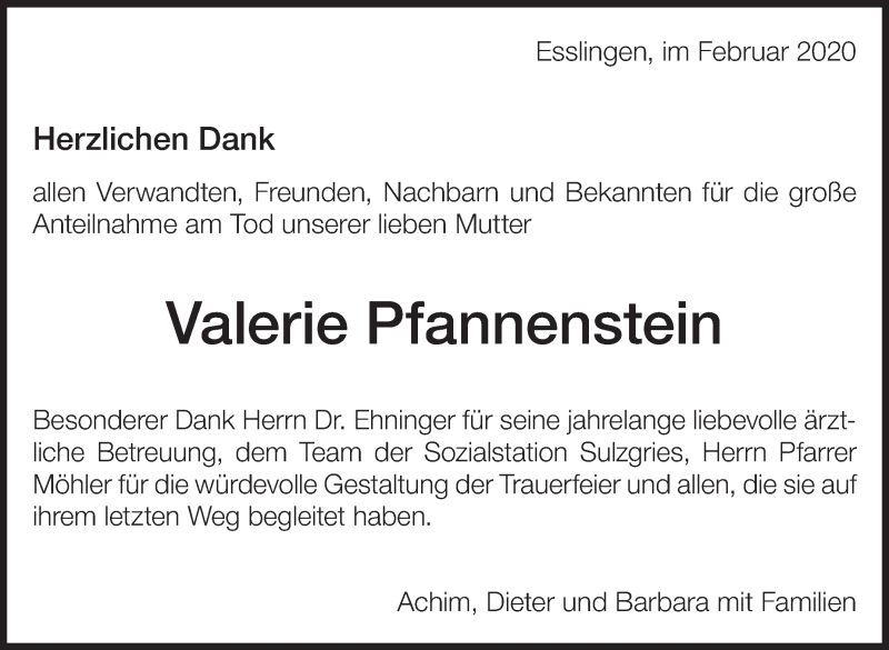  Traueranzeige für Valerie Pfannenstein vom 22.02.2020 aus Eßlinger Zeitung/Cannstatter Zeitung