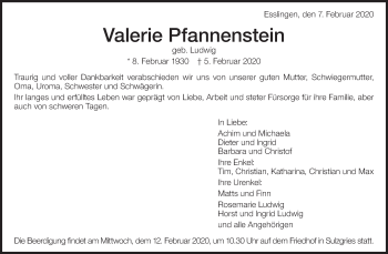 Traueranzeige von Valerie Pfannenstein von Eßlinger Zeitung/Cannstatter Zeitung