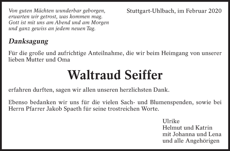  Traueranzeige für Waltraud Seiffer vom 21.02.2020 aus Eßlinger Zeitung/Cannstatter Zeitung