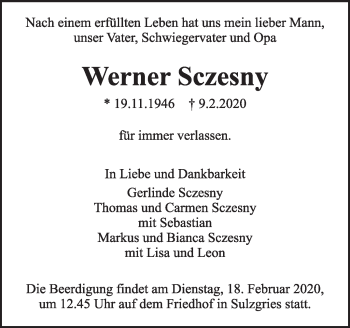 Traueranzeige von Werner Sczesny von Eßlinger Zeitung/Cannstatter Zeitung