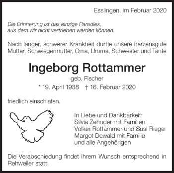 Traueranzeige von lngeborg Rottammer von Eßlinger Zeitung/Cannstatter Zeitung