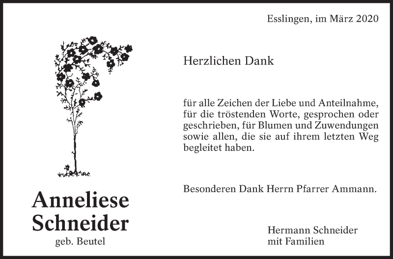  Traueranzeige für Anneliese Schneider vom 28.03.2020 aus Eßlinger Zeitung/Cannstatter Zeitung