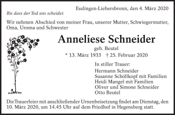 Traueranzeige von Anneliese Schneider von Eßlinger Zeitung/Cannstatter Zeitung