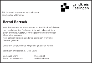 Traueranzeige von Bernd Bartsch von Eßlinger Zeitung/Cannstatter Zeitung