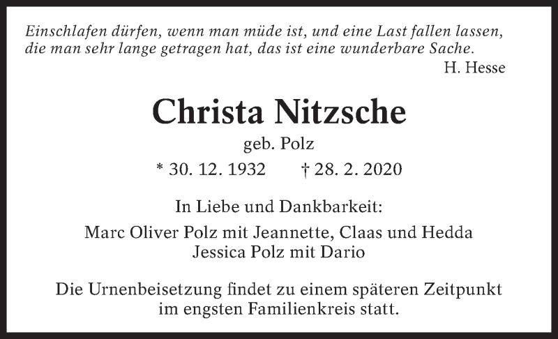  Traueranzeige für Christa Nitzsche vom 07.03.2020 aus Eßlinger Zeitung/Cannstatter Zeitung