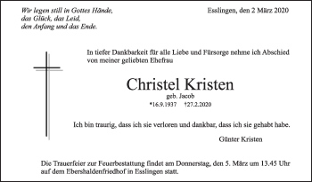 Traueranzeige von Christel Kristen von Eßlinger Zeitung/Cannstatter Zeitung