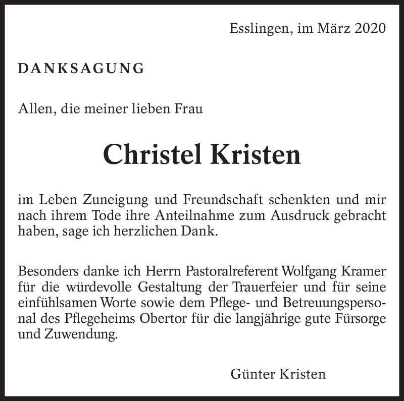  Traueranzeige für Christel Kristen vom 16.03.2020 aus Eßlinger Zeitung/Cannstatter Zeitung