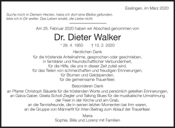 Traueranzeige von Dieter Walker von Eßlinger Zeitung/Cannstatter Zeitung