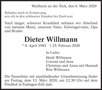 Traueranzeige von Dieter Willmann von Eßlinger Zeitung/Cannstatter Zeitung