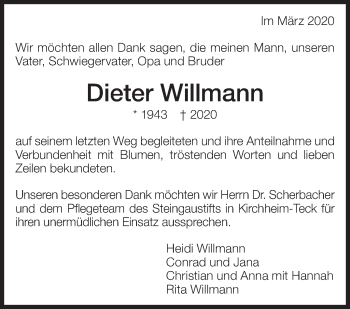 Traueranzeige von Dieter Willmann von Eßlinger Zeitung/Cannstatter Zeitung
