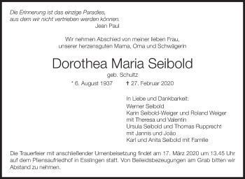 Traueranzeige von Dorothea Maria Seibold von Eßlinger Zeitung/Cannstatter Zeitung