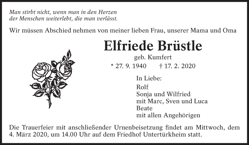  Traueranzeige für Elfriede Brüstle vom 02.03.2020 aus Eßlinger Zeitung/Cannstatter Zeitung