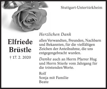 Traueranzeige von Elfriede Brüstle von Eßlinger Zeitung/Cannstatter Zeitung