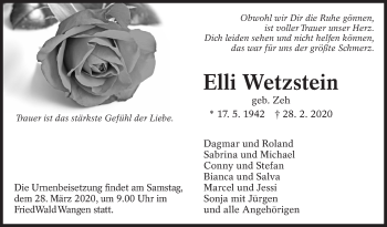 Traueranzeige von Elli Wetzstein von Eßlinger Zeitung/Cannstatter Zeitung