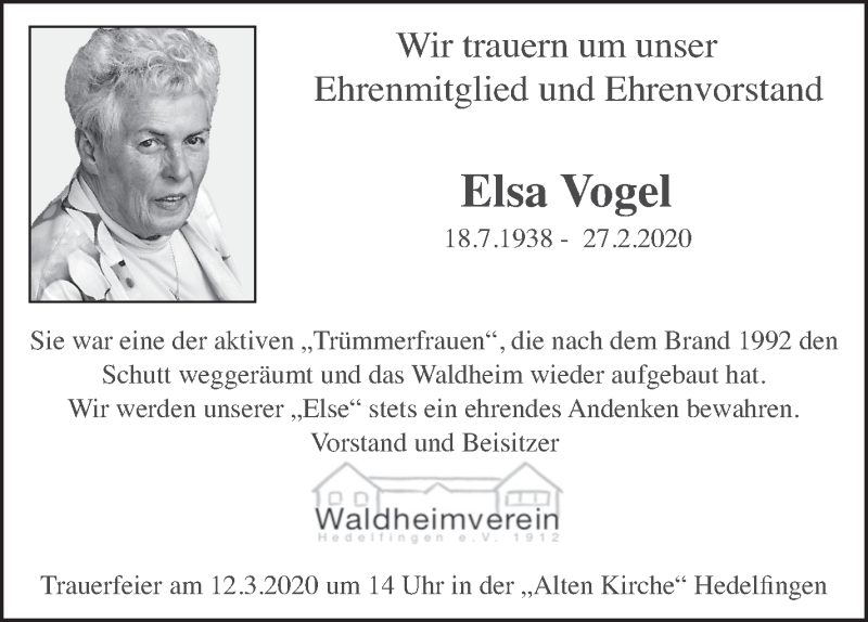  Traueranzeige für Elsa Vogel vom 07.03.2020 aus Eßlinger Zeitung/Cannstatter Zeitung