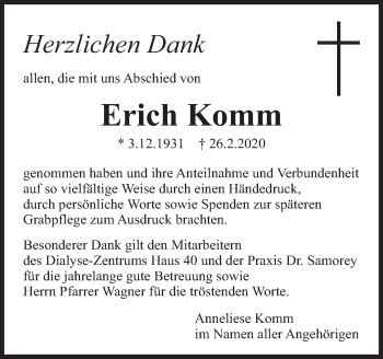 Traueranzeige von Erich Komm von Eßlinger Zeitung/Cannstatter Zeitung